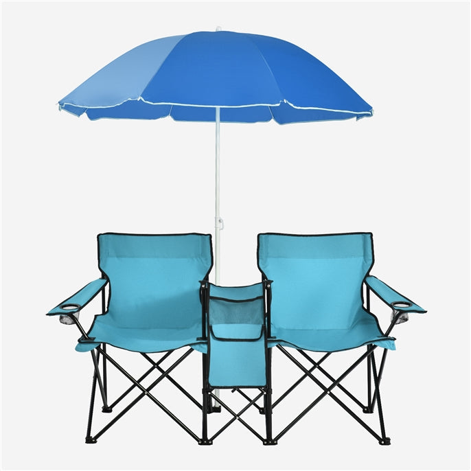 Double Folding Picnic Chairs Umbrella Mini Table Beverage Holder Carrying Bag