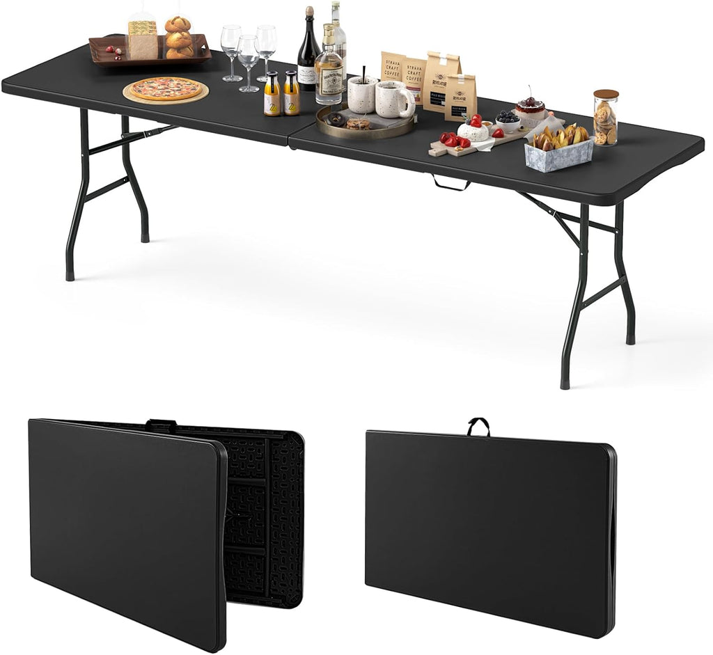 8ft Plastic Folding Table, 350 LBS Outdoor Heavy Duty Folding Tables with HDPE Tabletop, Handle