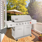 Stainless Steel Gas Grill, Premier 6-Burner Propane Grill with Sear Burner and Side Burner, 74,000 BTU, Cabinet Style, Outdoor BBQ Party Grill, Silver