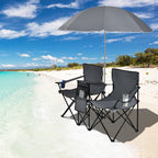 Double Folding Picnic Chairs Umbrella Mini Table Beverage Holder Carrying Bag
