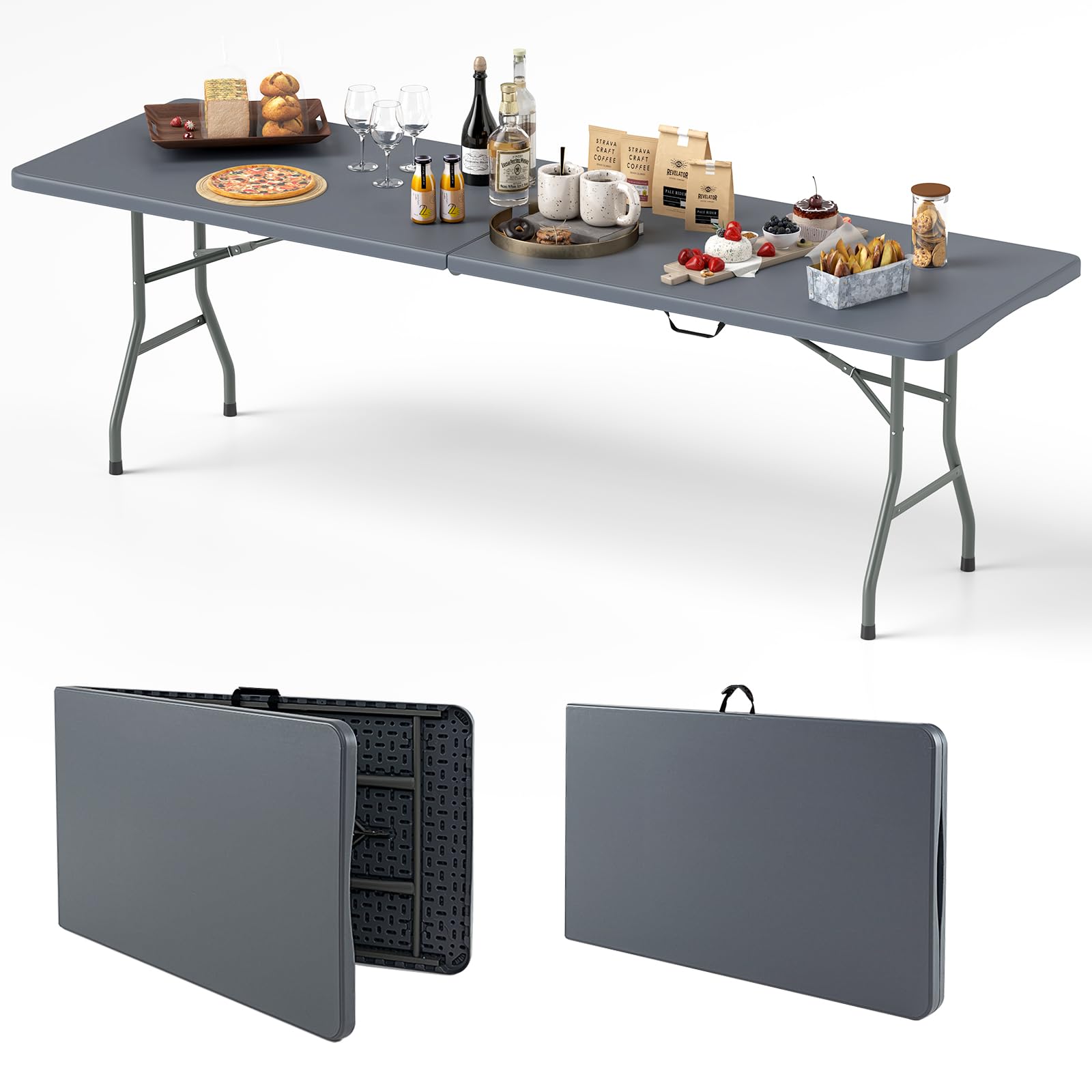 8ft Plastic Folding Table, 350 LBS Outdoor Heavy Duty Folding Tables with HDPE Tabletop, Handle