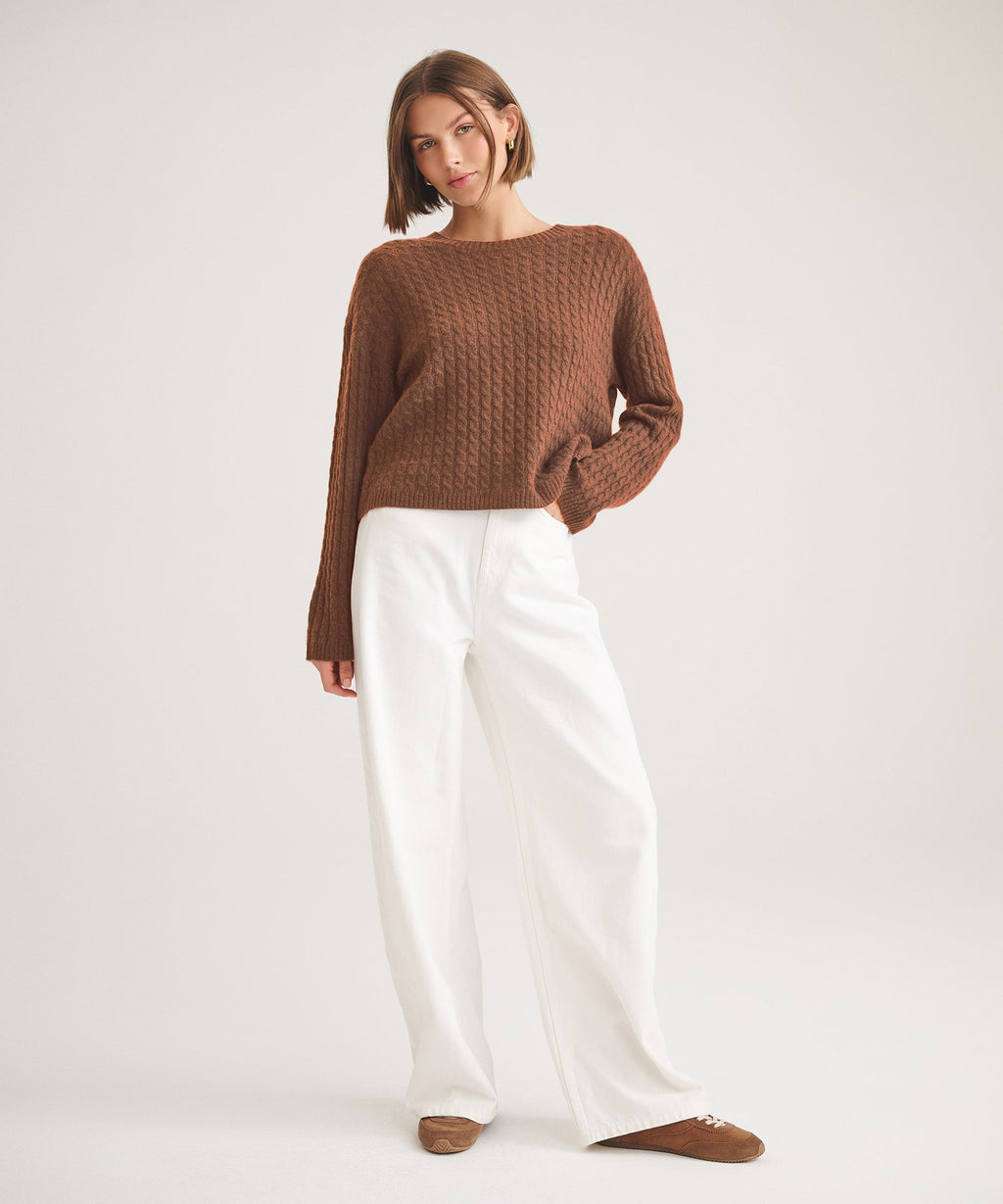 Basic Cashmere Cable Knit Crewneck Sweater