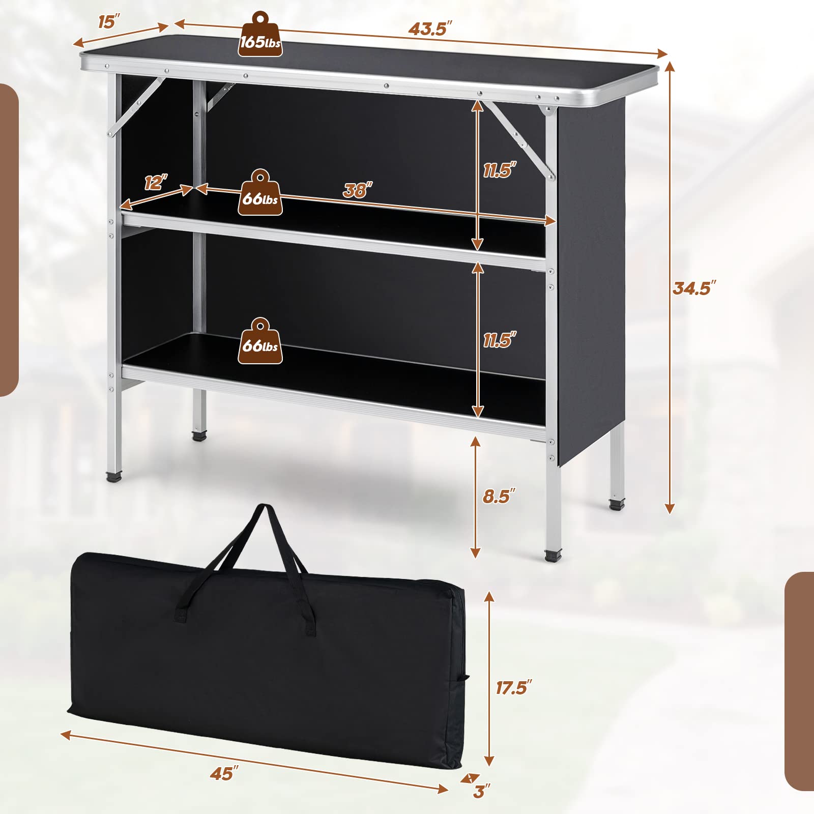 Folding Camping Table, Aluminum Portable Pop-Up Bar Table with 2-Tier Storage Shelves